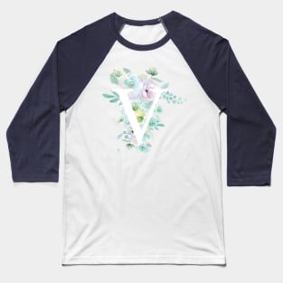 Botanical alphabet V green and purple flowers Baseball T-Shirt